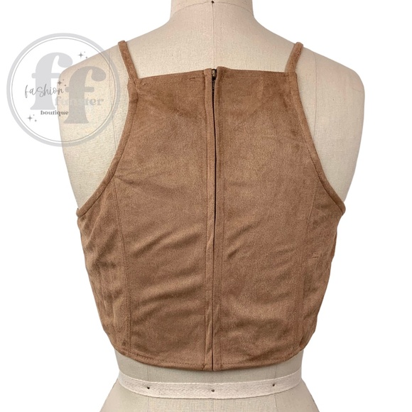 Boho 1960s 1970s Style Faux Tan Brown Suede Leather Festival Halter Tie Crop Top - Picture 8 of 9
